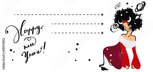 A student girl is squatting in a new years red and white suit. Black hair, space and planets. With horns. The inscription Happy New year. New years horizontal card, invitation