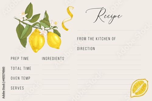 Recipe card template with hand drawn lemons