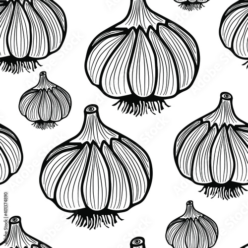 Doodle of garlic on a white background. Vector seamless pattern.