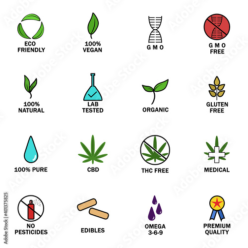 Set of CBD oil icons. New popular icon set. THC free, no gmo, made in USA, bio, vegan, premium quality, lab tested, omega 3-6-9, pure, natural, no pesticides, organic, eco, gluten free, gmp.