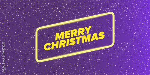 Merry Christmas horizontal banner with neon greeting text on violet night sky background. Merry Christmas flyer, card or invitation with starry space and text