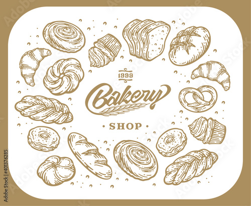 Card design with ink hand drawn baking illustration. Vintage template with bread and pastries doodle sketch.