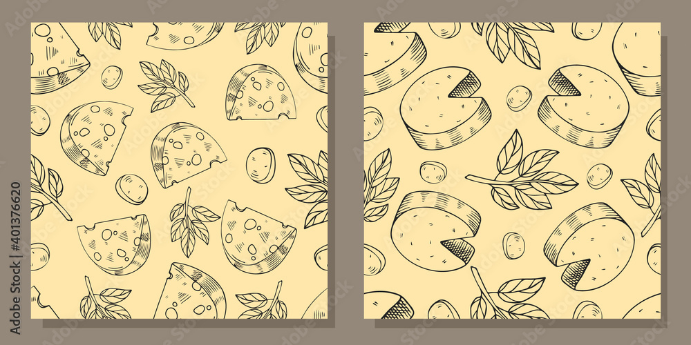 Set of patterns with pieces of cheese. Vector illustration in engraving style. Set of patterns with pieces of cheese. Vector illustration in engraving style.