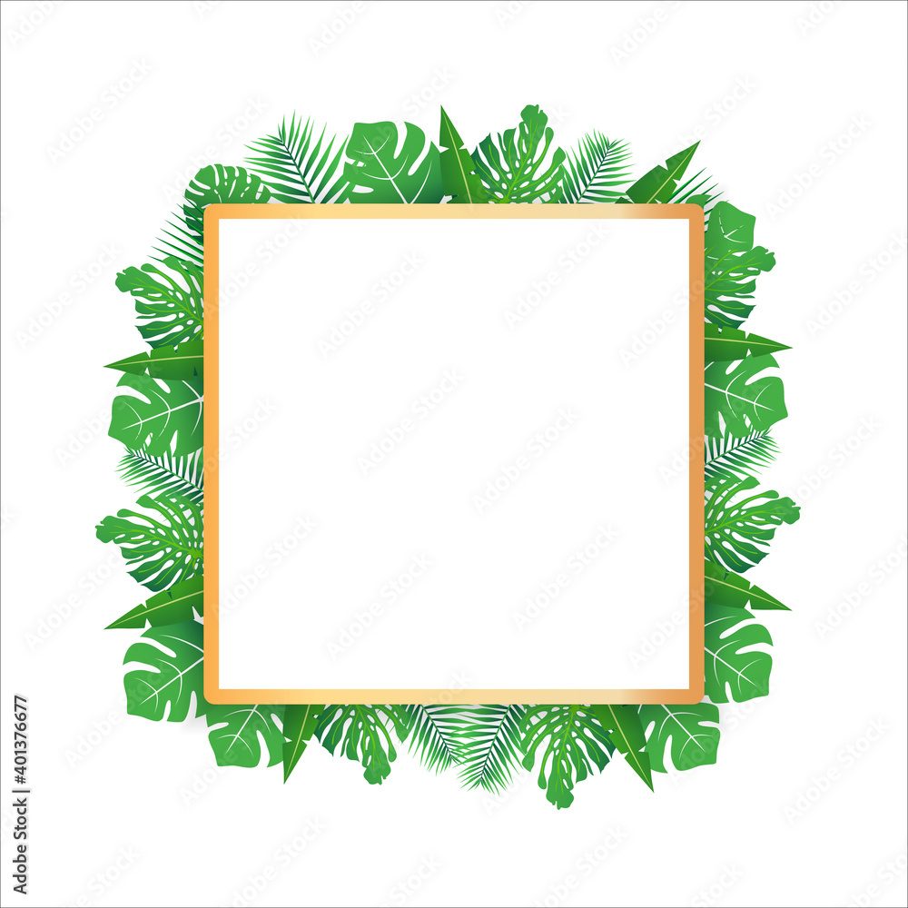 Tropical leaves around a white rectangle frame copy space. Bright abstract background for banner, flyer or cover with copy space for text or emblem Tropical leaves around a white rectangle frame copy space. Bright abstract background for banner, flyer or cover with copy space for text or emblem