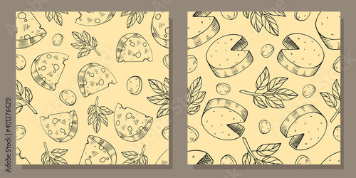 Set of patterns with pieces of cheese. Vector illustration in engraving style. © Zefirka