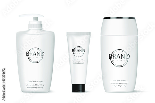 Collection of cosmetic bottles, bales and bottles isolated on white background. Plastic collection of packaging for liquid soap, shampoo, shower gel, lotion, body milk. Vector illustration