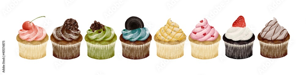 いろいろな種類のカップケーキ 水彩風イラスト Stock Illustration Adobe Stock