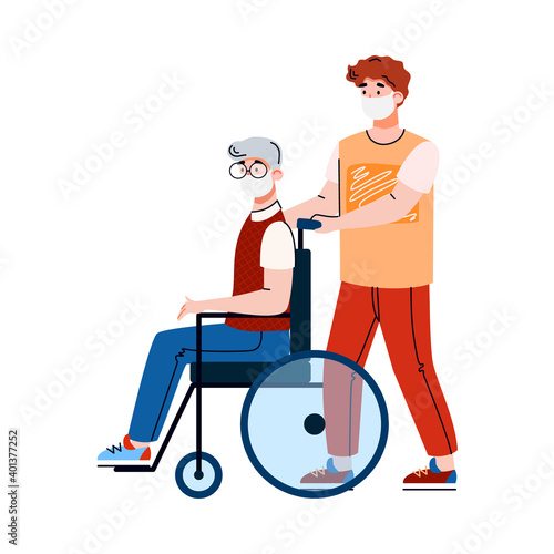 Volunteer in a medical mask led an elderly disabled person for walk, cartoon vector illustration on white background. Social worker and senior man on wheelchair.