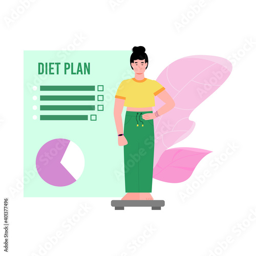 Diet plan banner design with slimming woman standing on weight scales, cartoon vector illustration isolated on white background. Weight control and diet menu planning.