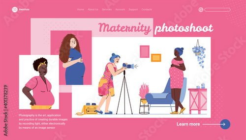 Photographer with digital camera taking pictures for pregnant woman. Photos female waiting baby, shoot of happy maternity in professional studio. Vector colorful illustration.
