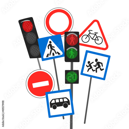 Traffic lights and traffic signs, different designations of actions on the road, road safety training. Vector drawing on a white background