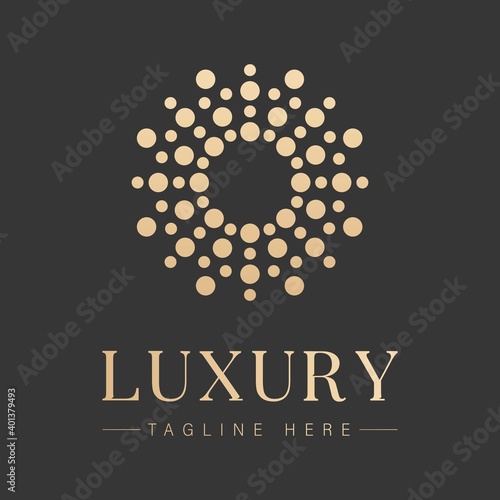 Abstract vector logo halftone icon circles sun ray on black background.Design template sign hotel spa, sunny beach, symbol luxury company, elite real estate, beauty salon. Identity for premium company