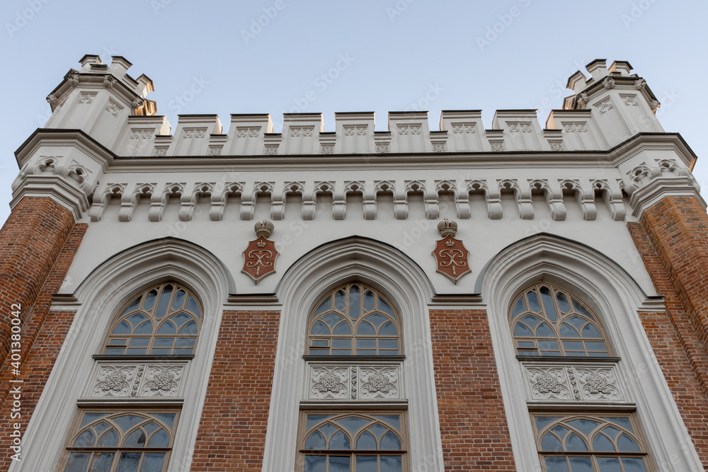 Facade of the palace in the Gothic style. Imperial palace stables