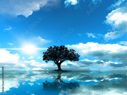 The silhouette of a tree towering in the middle of a mysterious landscape where the beautiful blue sky is reflected on the surface of the sea 