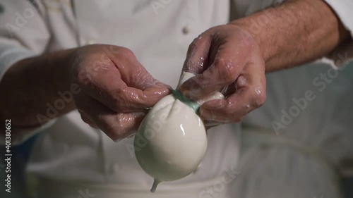 Chef white coat factory, enterprise production cheese, dairy products. Hands takes out mozzarella burrata sourdough which drips drips. Ties thread ribbon tail tip knot white cheese. Italian technology