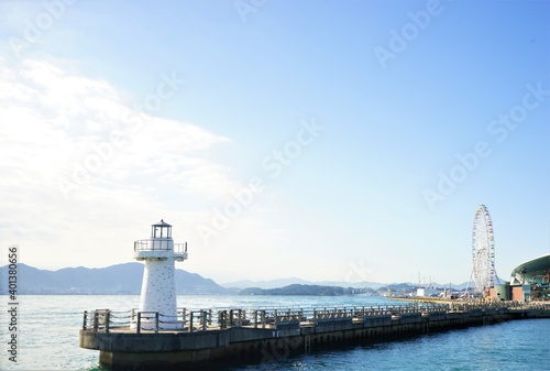 Lighthouse and Shimonoseki Karato Port pier, Harbor of Karato in Shimonoseki, Yamaguchi, Japan - 日本 山口県 下関 唐戸港 灯台 photo