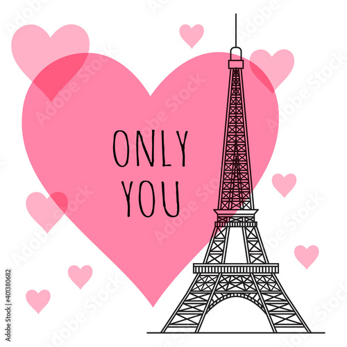 The silhouette of the Eiffel tower on the background of pink hearts. Valentines day greeting card. Vector illustration.
