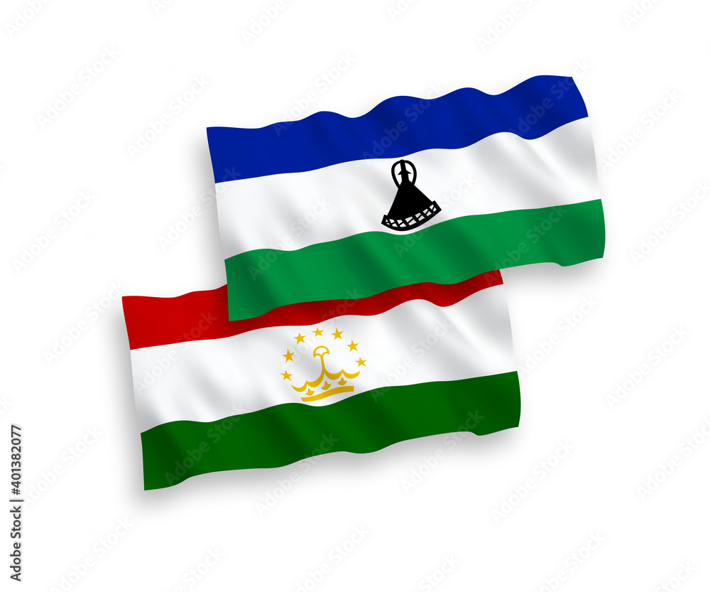 National vector fabric wave flags of Tajikistan and Lesotho isolated on white background. 1 to 2 proportion. National vector fabric wave flags of Tajikistan and Lesotho isolated on white background. 1 to 2 proportion.