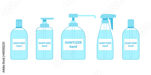 Hand sanitizer bottle set. Container of antiseptic antibacterial gel, liquid, spray. Hand cleaner. Handwashing, disinfection, hygiene, detergent against viruses, bacteria, flu, coronavirus. Vector