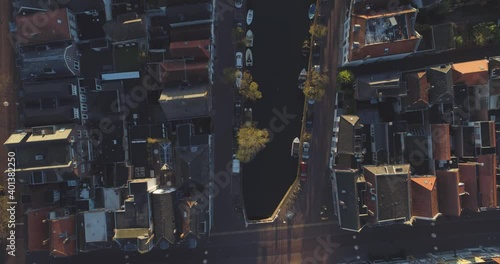 Bird eye view (straight down shot) of the canals of the historical inner city of Alkmaar.
