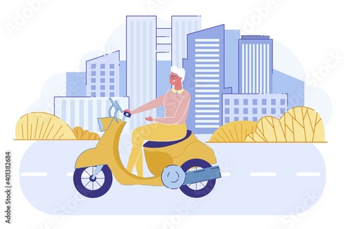 Cheerful Senior Lady Driving Vintage Scooter.
