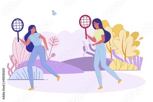 Happy Girls Playing Badminton Outdoor Activity