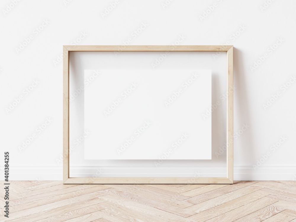 Rectangular wooden picture frame with thin light border and white background standing on wooden floor. 3D Illustration. Rectangular wooden picture frame with thin light border and white background standing on wooden floor. 3D Illustration.