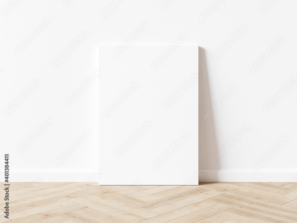Blank white vertically oriented rectangular exhibition background leaning on white wall. Wooden parquet floor. 3D illustration. Blank white vertically oriented rectangular exhibition background leaning on white wall. Wooden parquet floor. 3D illustration.