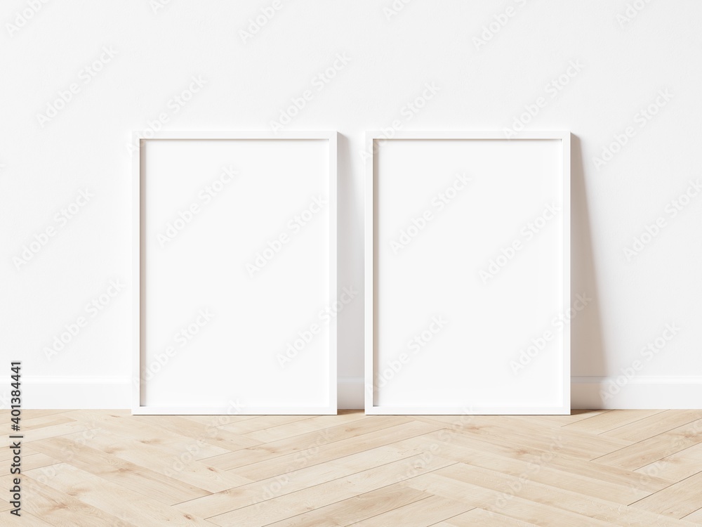 Two blank vertically oriented rectangular exhibition backgrounds with white border standing on wooden floor. 3D Illustration. Two blank vertically oriented rectangular exhibition backgrounds with white border standing on wooden floor. 3D Illustration.