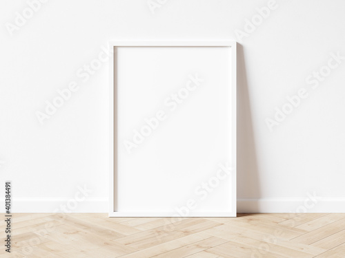 Blank white vertically oriented rectangular exhibition background standing on wooden parquet floor leaning on white wall. 3D illustration.