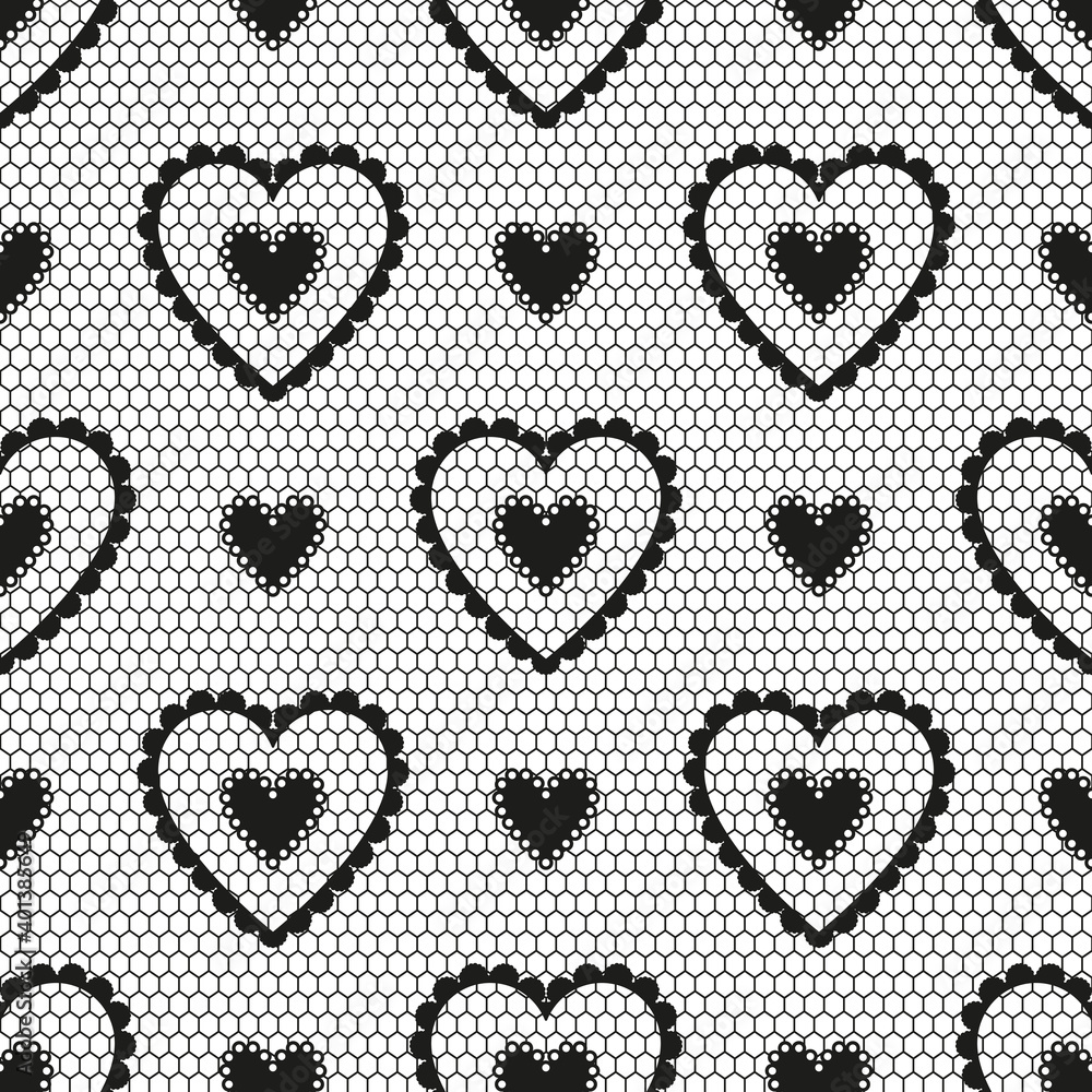 Seamless pattern of black lace with hearts for a wedding or Valentine's Day.