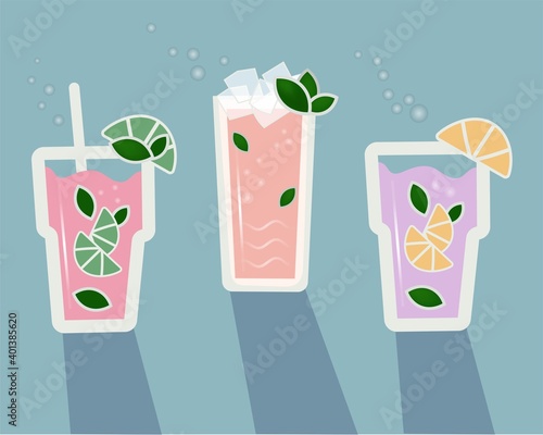 Free glass of refreshing mojito drink with ice slices and lemon on a blue background. Coctails. Wine.Decorative flat illustration.