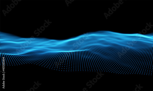 Blue particles wave background. Abstract dynamic mesh. Big data technology. Vector grid illustration.