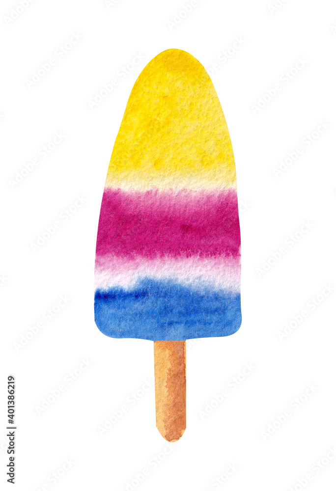 Hand drawn watercolor ice cream on white background in purple, yellow and blue colors. Hand drawn watercolor ice cream on white background in purple, yellow and blue colors.