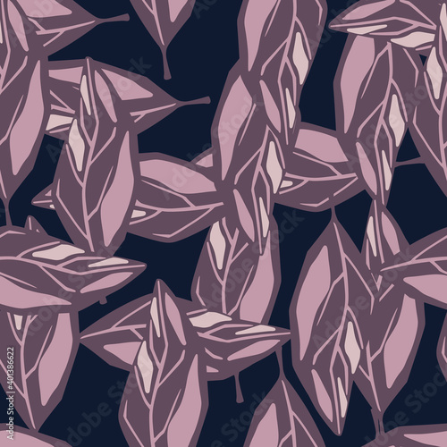 Seamless abstract creative print with outline purple leaf shapes. Navy blue dark background.