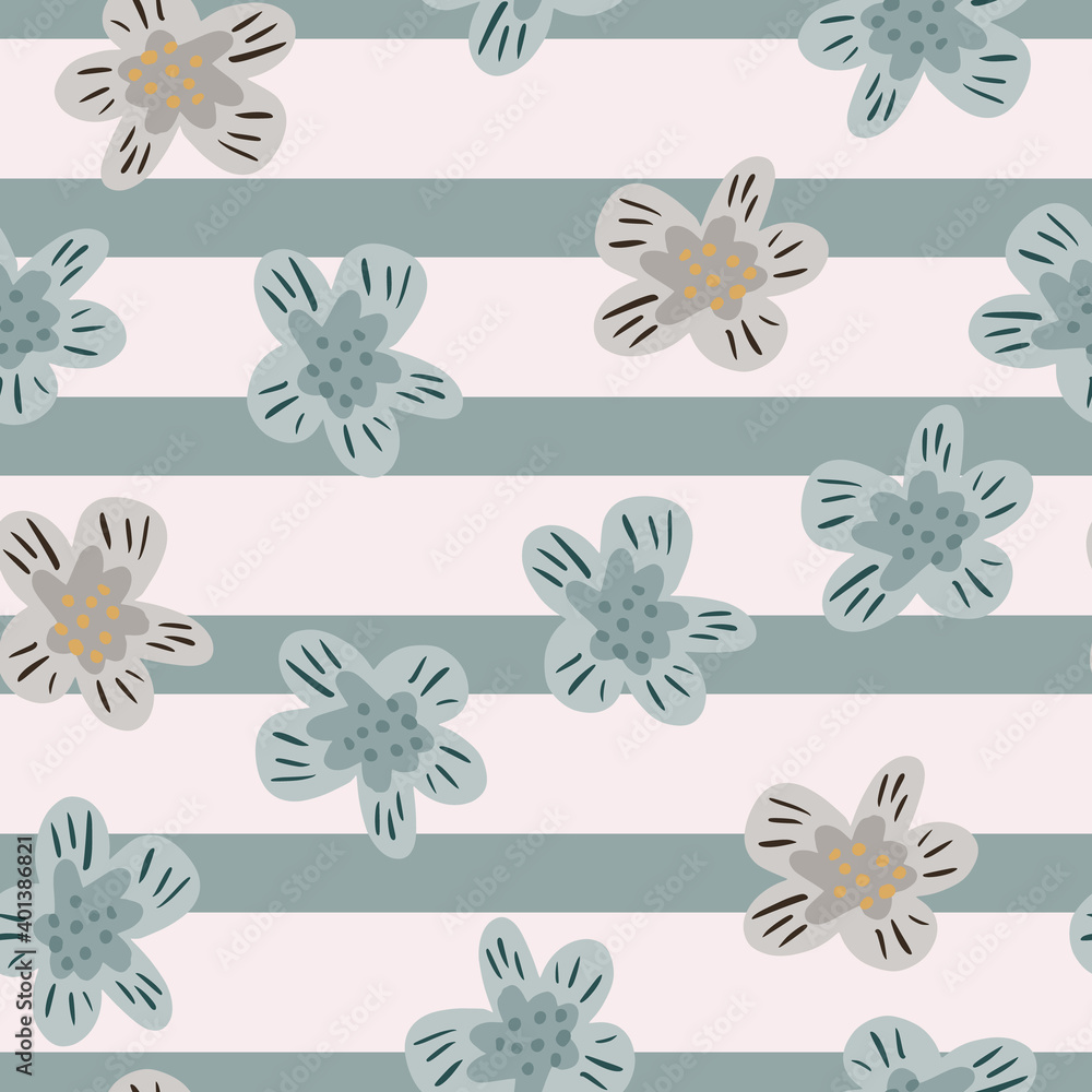 Random seamless nature pattern with simple flower elements in blue and beige colors on striped background.