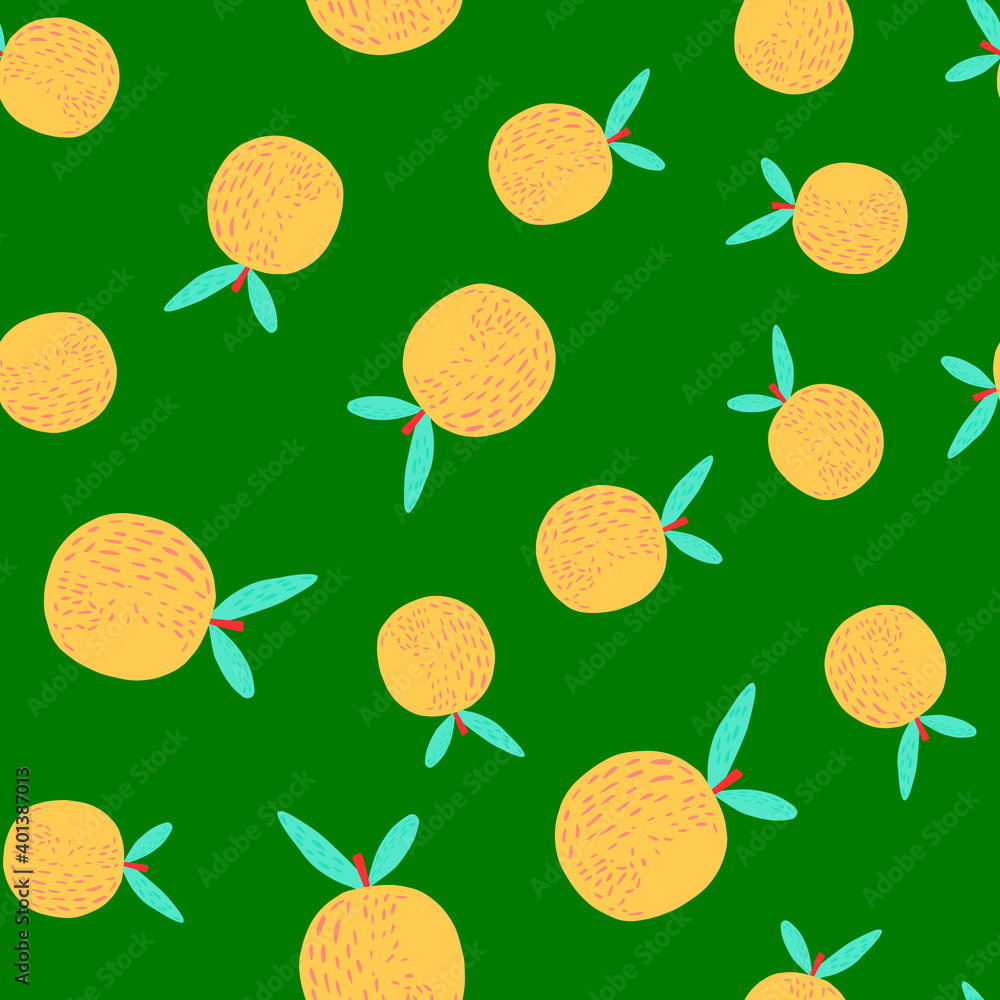 Seamless random pattern with hand drawn simple orange mandarins elements. Green background. Seamless random pattern with hand drawn simple orange mandarins elements. Green background.