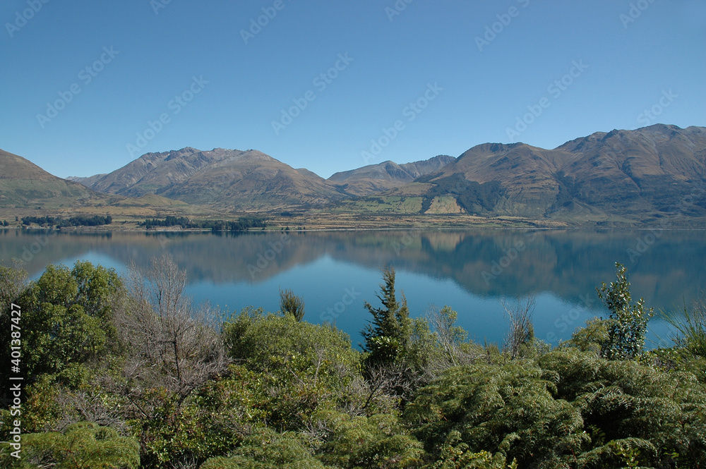 Reflection in the water of Elfin Bay Queenstown New Zealand