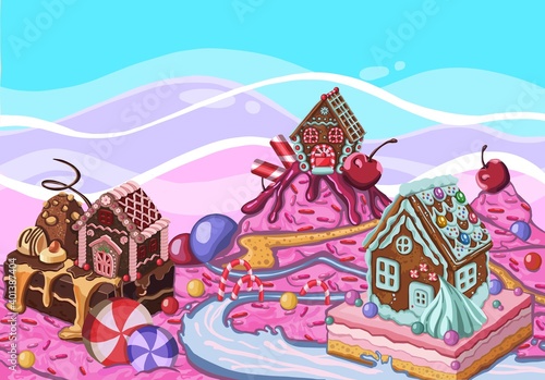 Fantasy sweet food land and quality illustration
