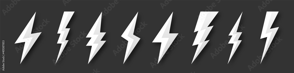 Lightning bolt icons collection. Flash symbol, thunderbolt. Simple lightning strike sign. Vector illustration.