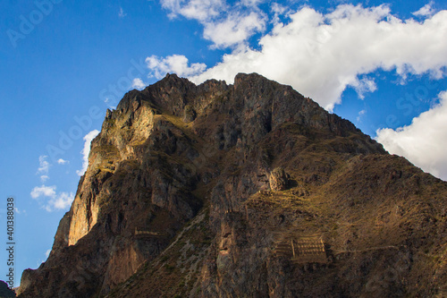 The Ollantaytambo Sanctuary, located in the Sacred Valley region in Peru's Andean highlands, is clear during a sunny day. 