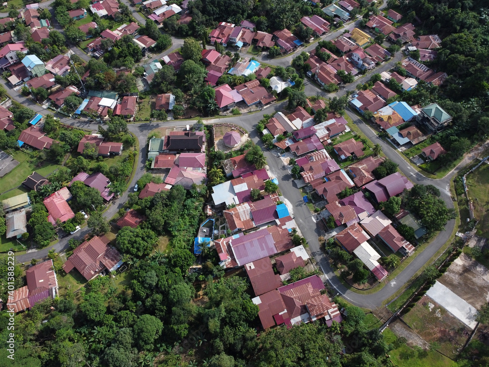 Aerial view of residential houses neighborhood. location: East kutai, East Kalimantan/Indonesia