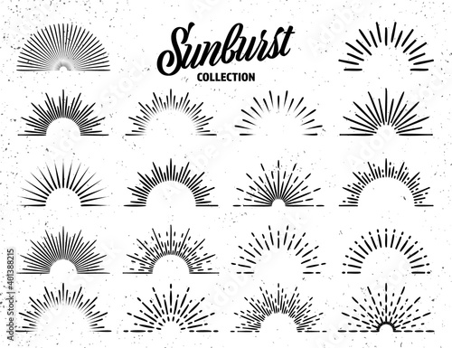 Vintage grunge sunburst collection. Bursting sun rays. Fireworks. Logotype or lettering design element. Radial sunset beams. Vector illustration.