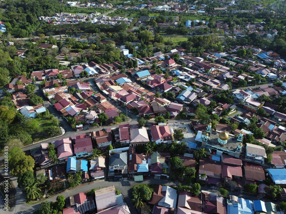 Aerial view of residential houses neighborhood. location: East kutai, East Kalimantan/Indonesia