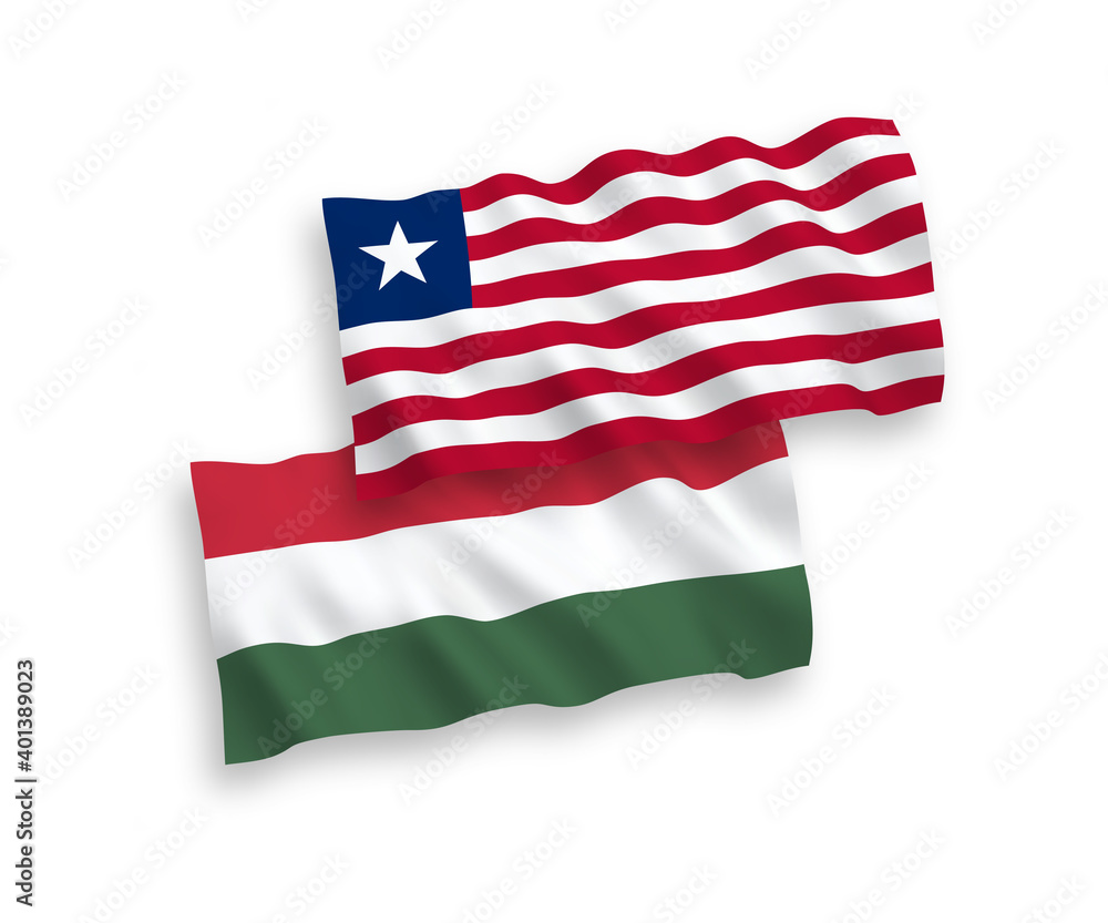 Obraz premium National vector fabric wave flags of Liberia and Hungary isolated on white background. 1 to 2 proportion.