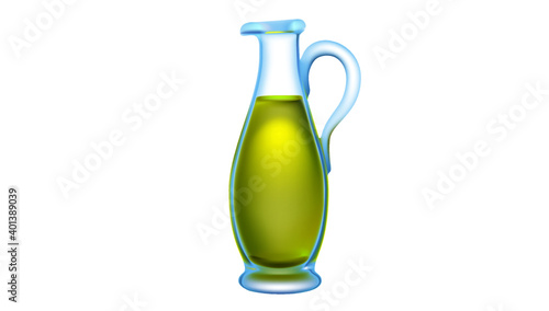 Olive oil bottle isolated on white background. Extra virgin olive oil in transparent glass cruet. Table condiment realistic Vector illustration.