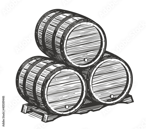 Wooden barrels for wine sketch. Alcohol vintage vector illustration
