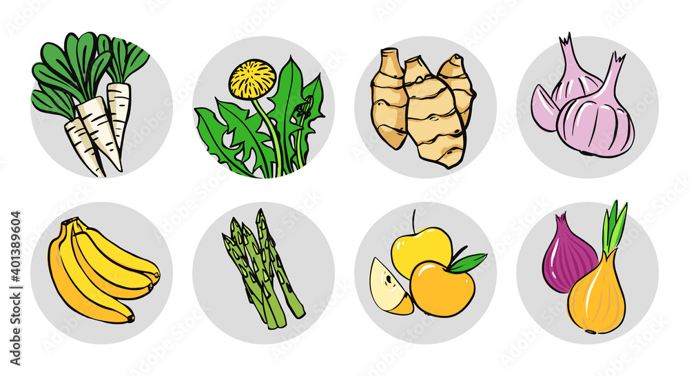 Set with products that contain prebiotics. Vector hand drawn illustration on white background. Set with products that contain prebiotics. Vector hand drawn illustration on white background.