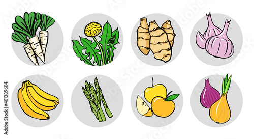 Set with products that contain prebiotics. Vector hand drawn illustration on white background.
