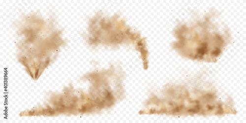 Realistic dust clouds. Road sand storm. Polluted dirty brown air with dirt particles, smog. Air, environmental pollution. Vector design element.